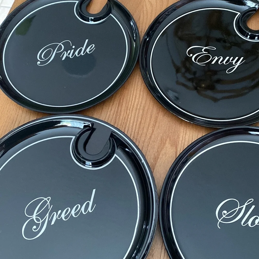 NIB Z Gallerie Set of 7 Deadly Sins Mingling Appetizer Plates. Seven Deadly Sins